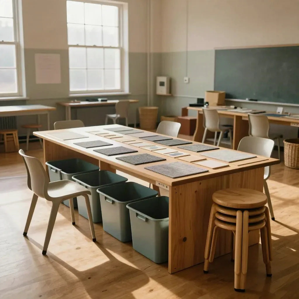 Workshopzone in een schoolzaal met krukjes, bakken en materialen in rustige opstelling.