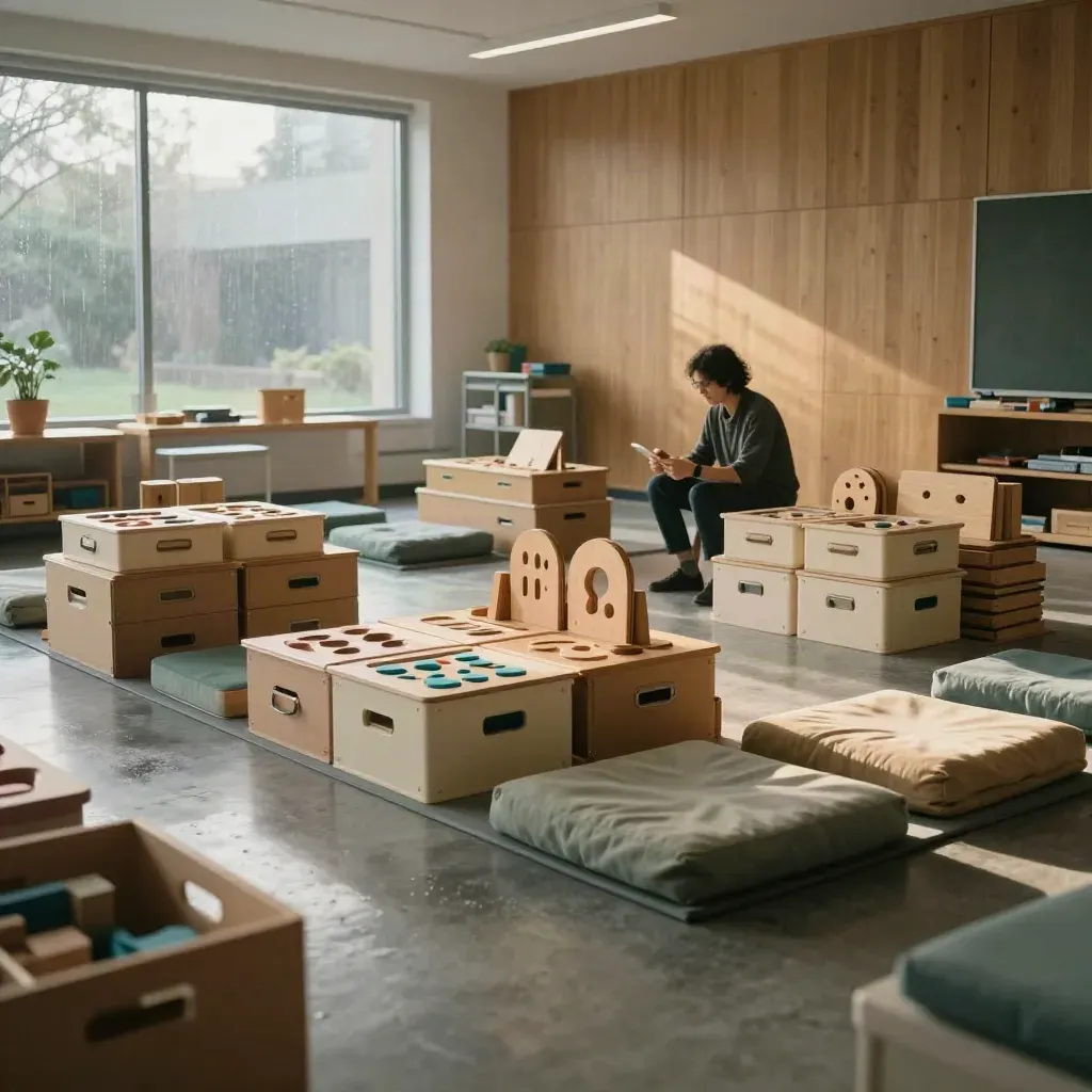 School-workshopopstelling met leermaterialen, houten modules en rolkar in warm licht.