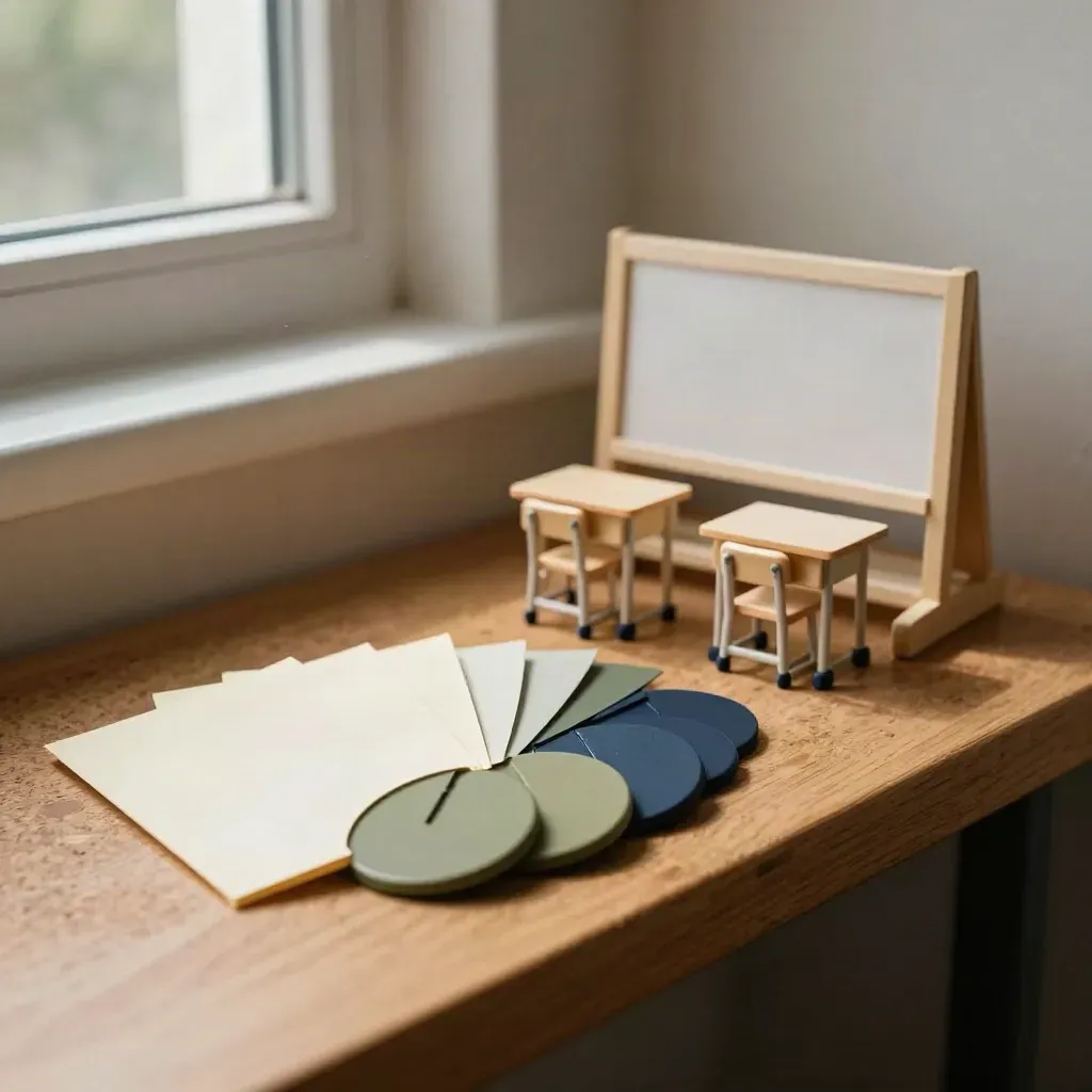 Pedagogisch advies-kit met chips, mini klaslokaal en omgedraaide kaarten in zacht raamlicht.