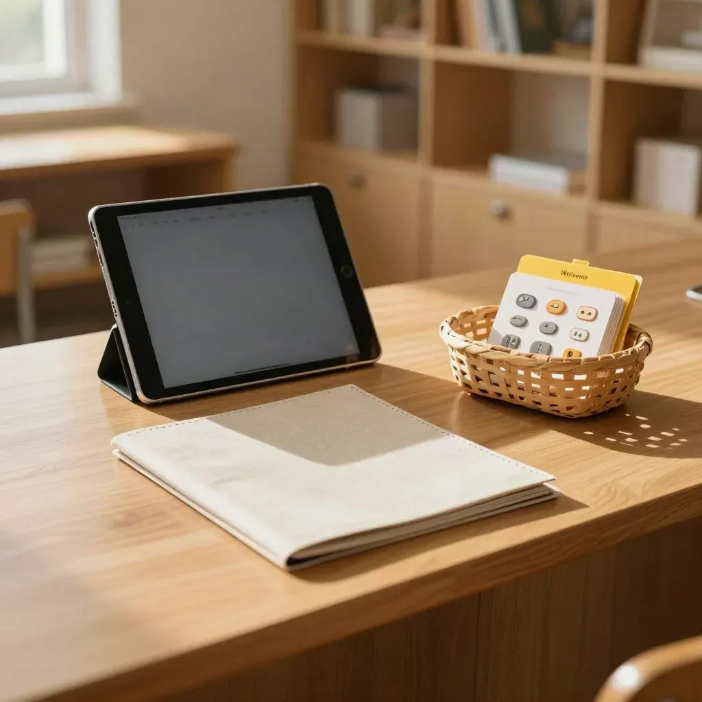 Tablet, mapjes en welkomstmap klaar op een schoolbalie in warm licht.