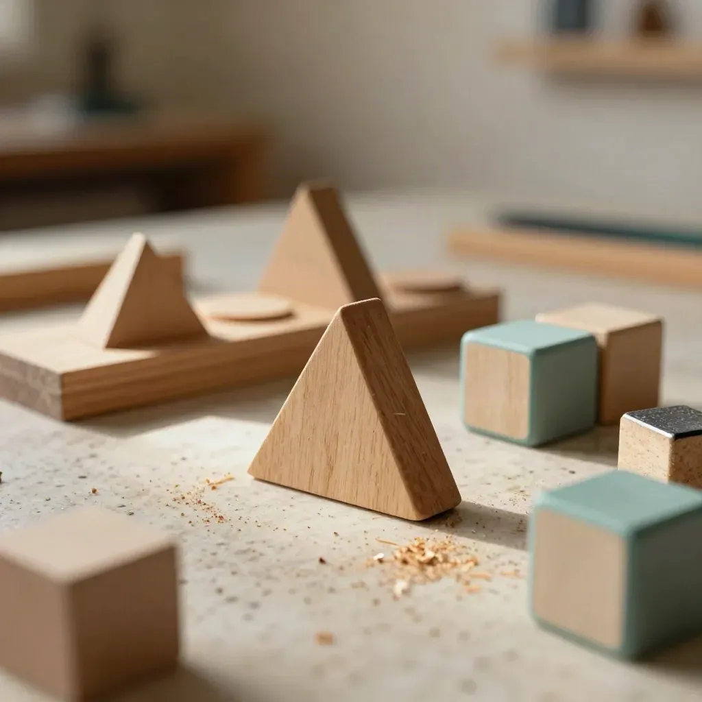 Macro van houten didactische cubes en blokjes op een travertine werkbank met teal accent.