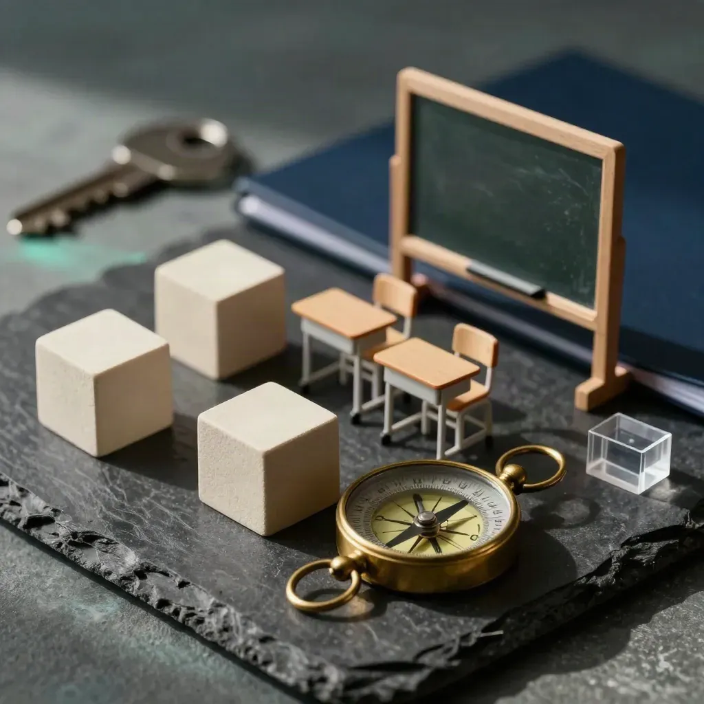 Onderwijsadvies-stilleven met scenario-cubes, klaslokaalmodel en brass kompas op donkere steen.
