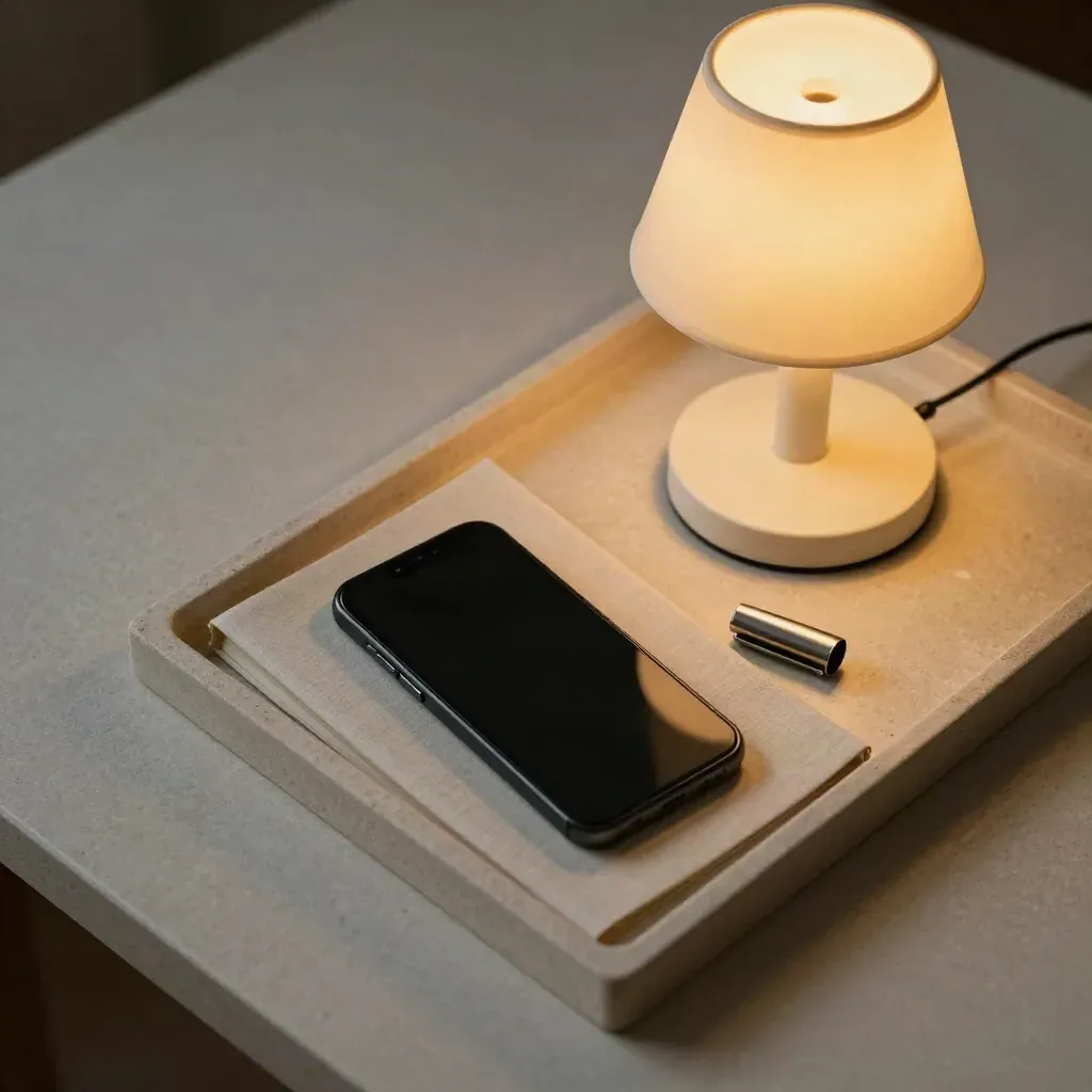 Bovenaanzicht van telefoon, gesloten notitieboek en lamp op stenen tray.