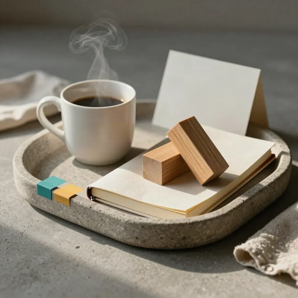 Feedbacktray met tabs, koffiekop, gesloten notitieboek en houten blokken op stenen schaal.