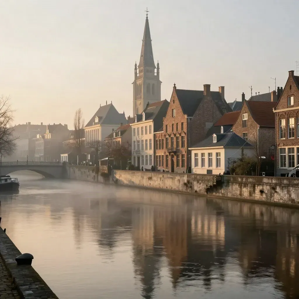 Domtoren in zachte ochtendmist boven de rustige Utrechtse rivier en kade.
