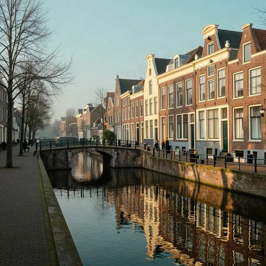 Leidse grachten met hoge brug en historische daken in warme avondgloed boven stil water.