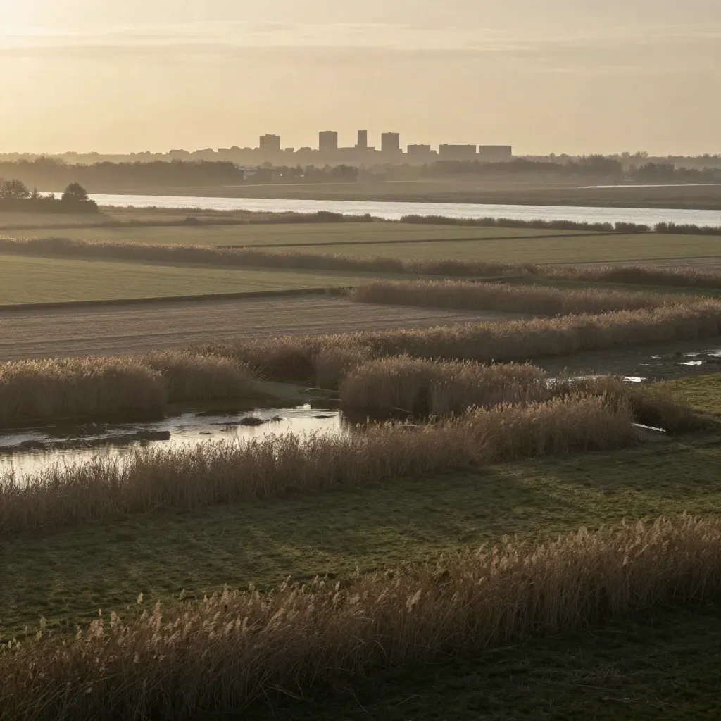 Gelderse skyline boven mistige uiterwaard bij avondlicht