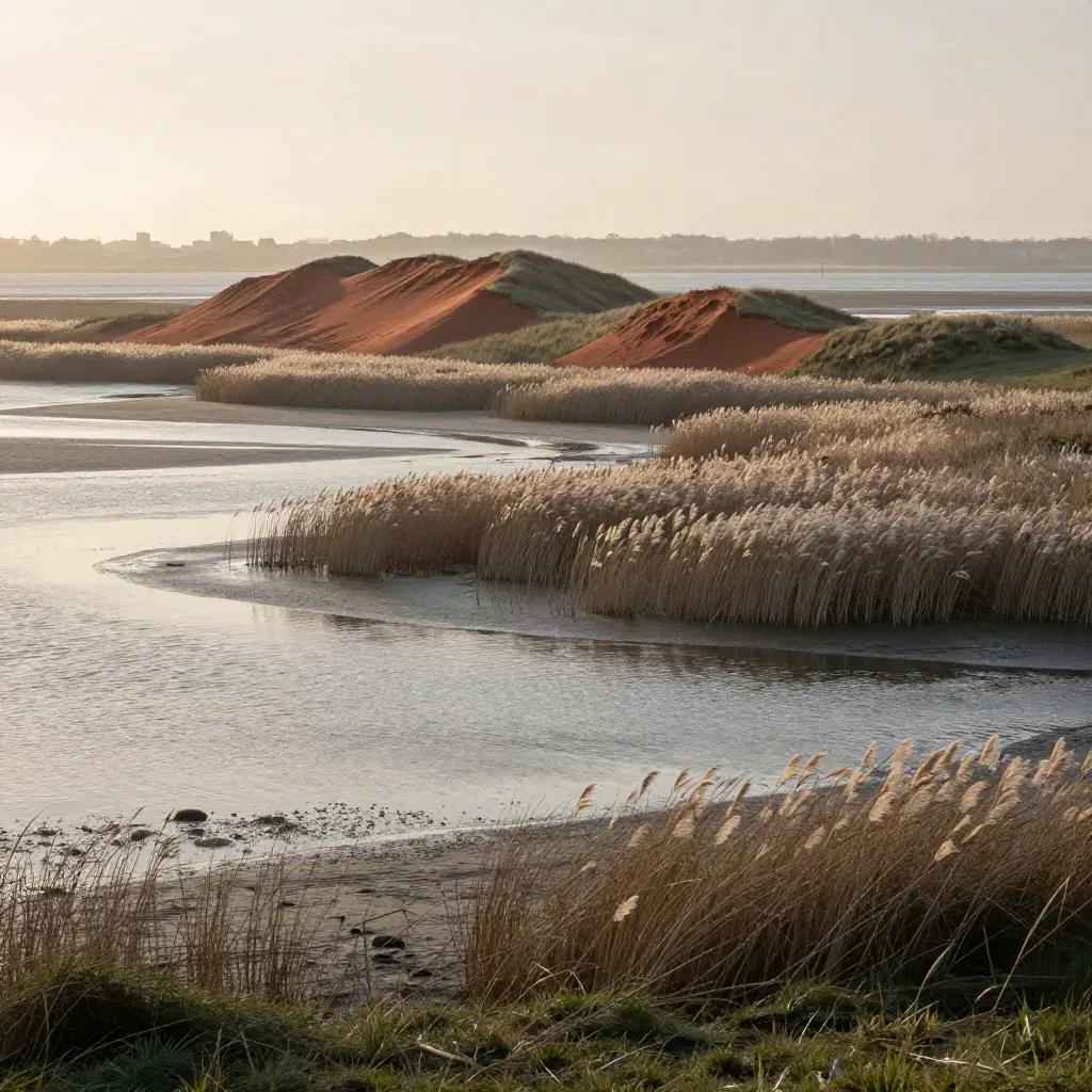 Kust- en polderlandschap met duinen, riet, water en zachte avondmist